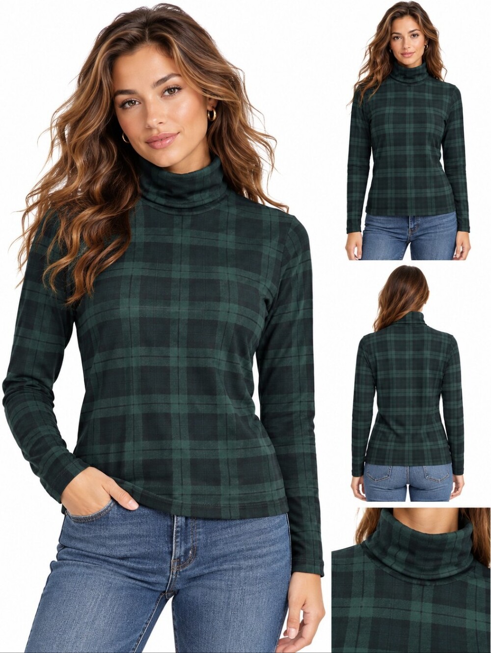 NEW J.Crew Tartan Cotton Turtleneck Green & Black Plaid Long Sleeve Top Feather